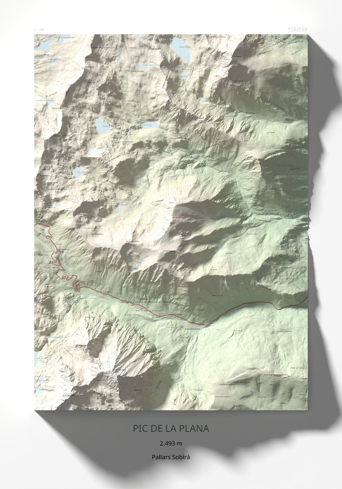 Mapa de relieve de Pic de la Plana, 2493 m, Pallars Sobirà, lámina 100 Cims de Trobart 70 × 100 cm.
