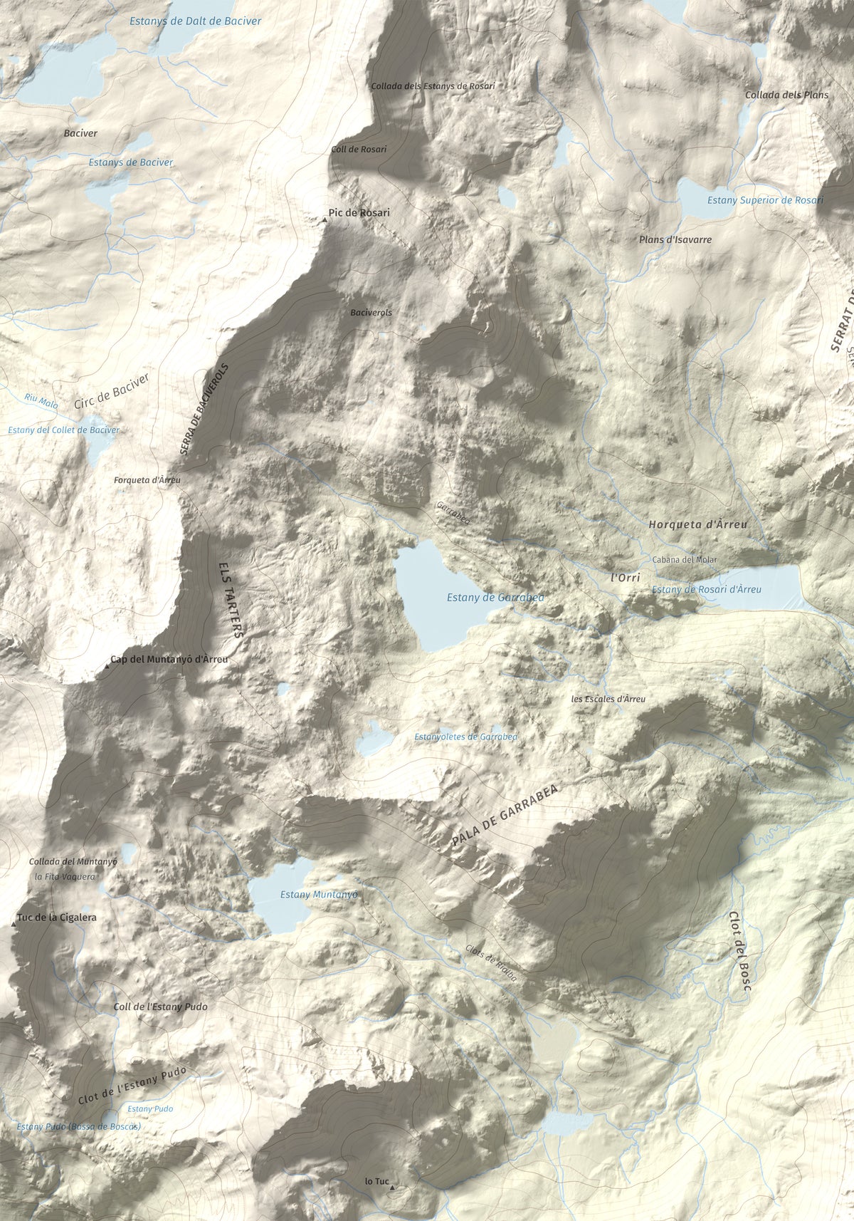 Mapa de relieve de Pic de la Plana, 2493 m, Pallars Sobirà, lámina 100 Cims de Trobart. Detalle de la zona superior izquierda. 70 × 100 cm.