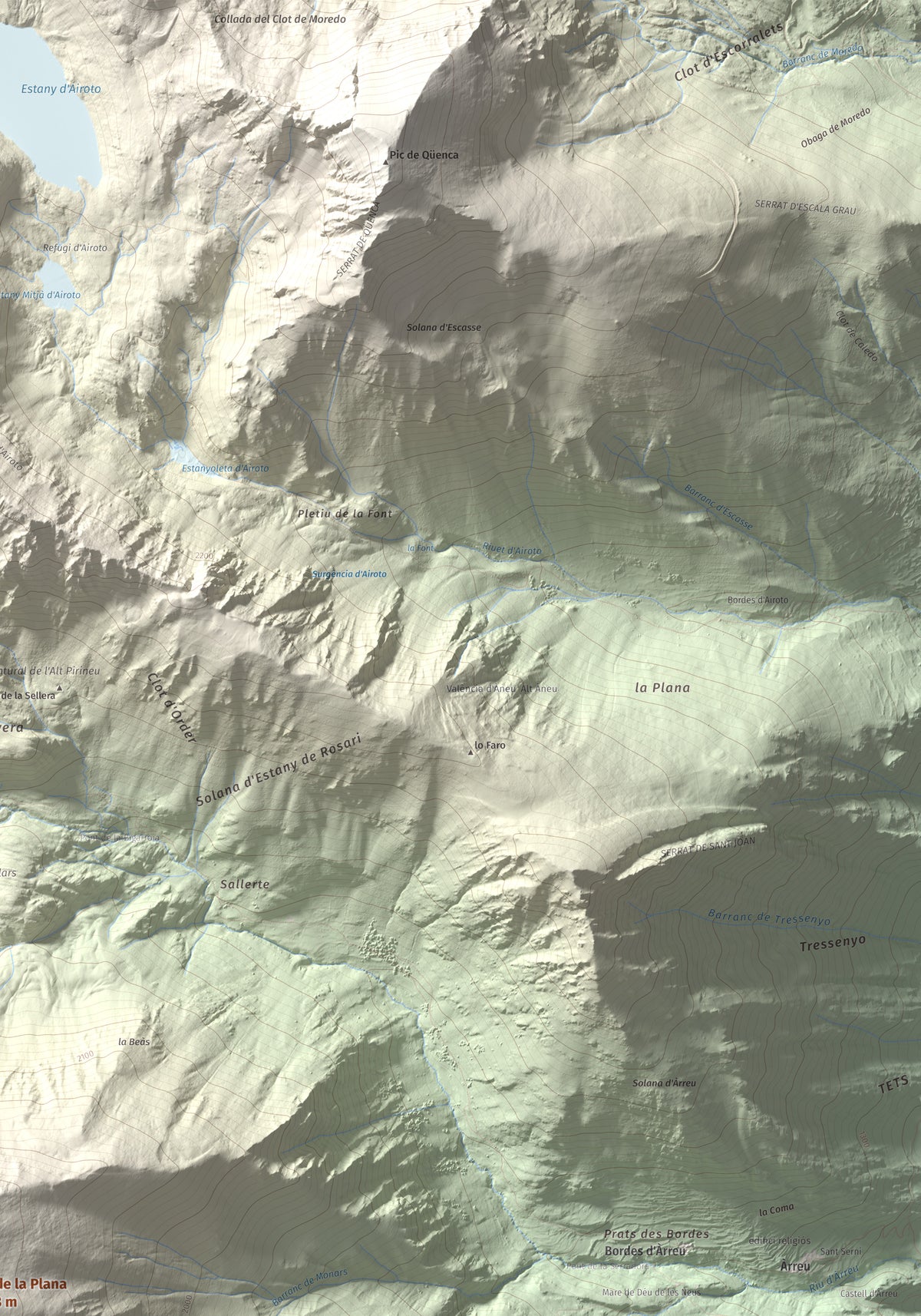 Mapa de relieve de Pic de la Plana, 2493 m, Pallars Sobirà, lámina 100 Cims de Trobart. Detalle de la zona superior derecha. 70 × 100 cm.
