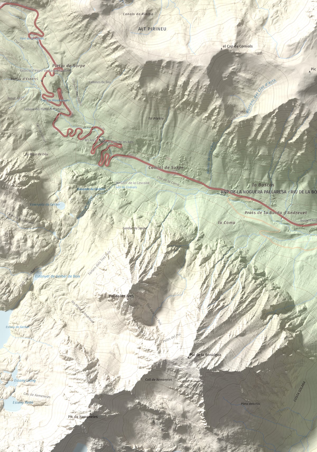 Mapa de relieve de Pic de la Plana, 2493 m, Pallars Sobirà, lámina 100 Cims de Trobart. Detalle de la zona inferior izquierda. 70 × 100 cm.