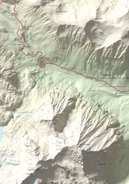 Mapa de relieve de Pic de la Plana, 2493 m, Pallars Sobirà, lámina 100 Cims de Trobart. Detalle de la zona inferior izquierda. 70 × 100 cm.