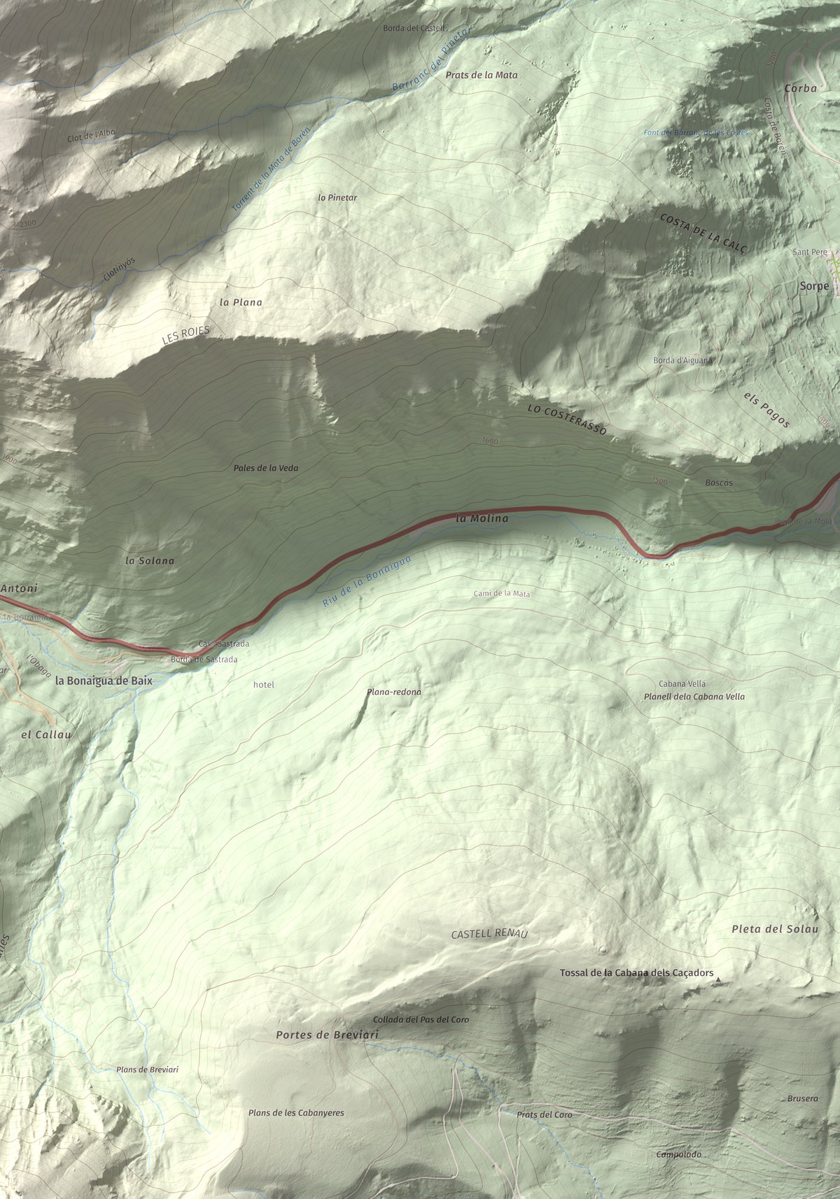Mapa de relieve de Pic de la Plana, 2493 m, Pallars Sobirà, lámina 100 Cims de Trobart. Detalle de la zona inferior derecha. 70 × 100 cm.