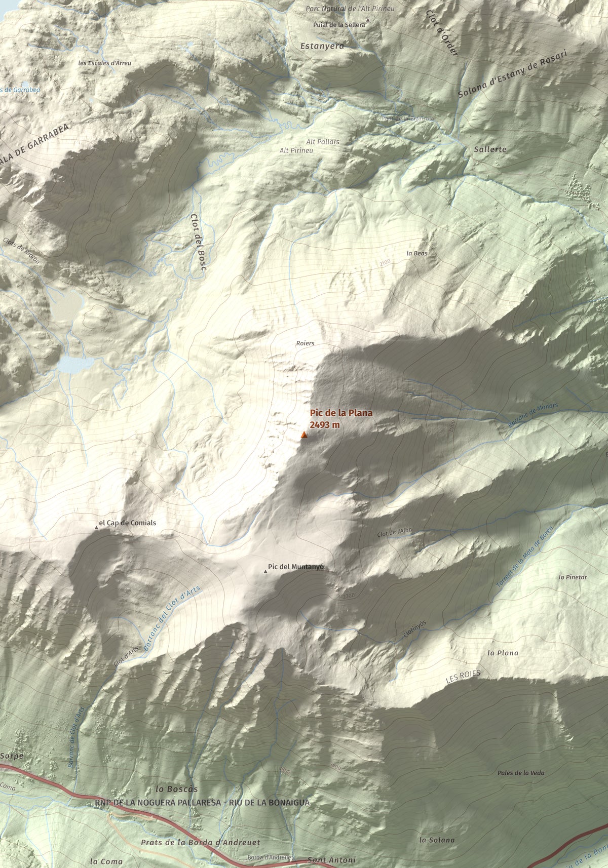 Mapa de relieve de Pic de la Plana, 2493 m, Pallars Sobirà, lámina 100 Cims de Trobart. Detalle de la zona central. 70 × 100 cm.