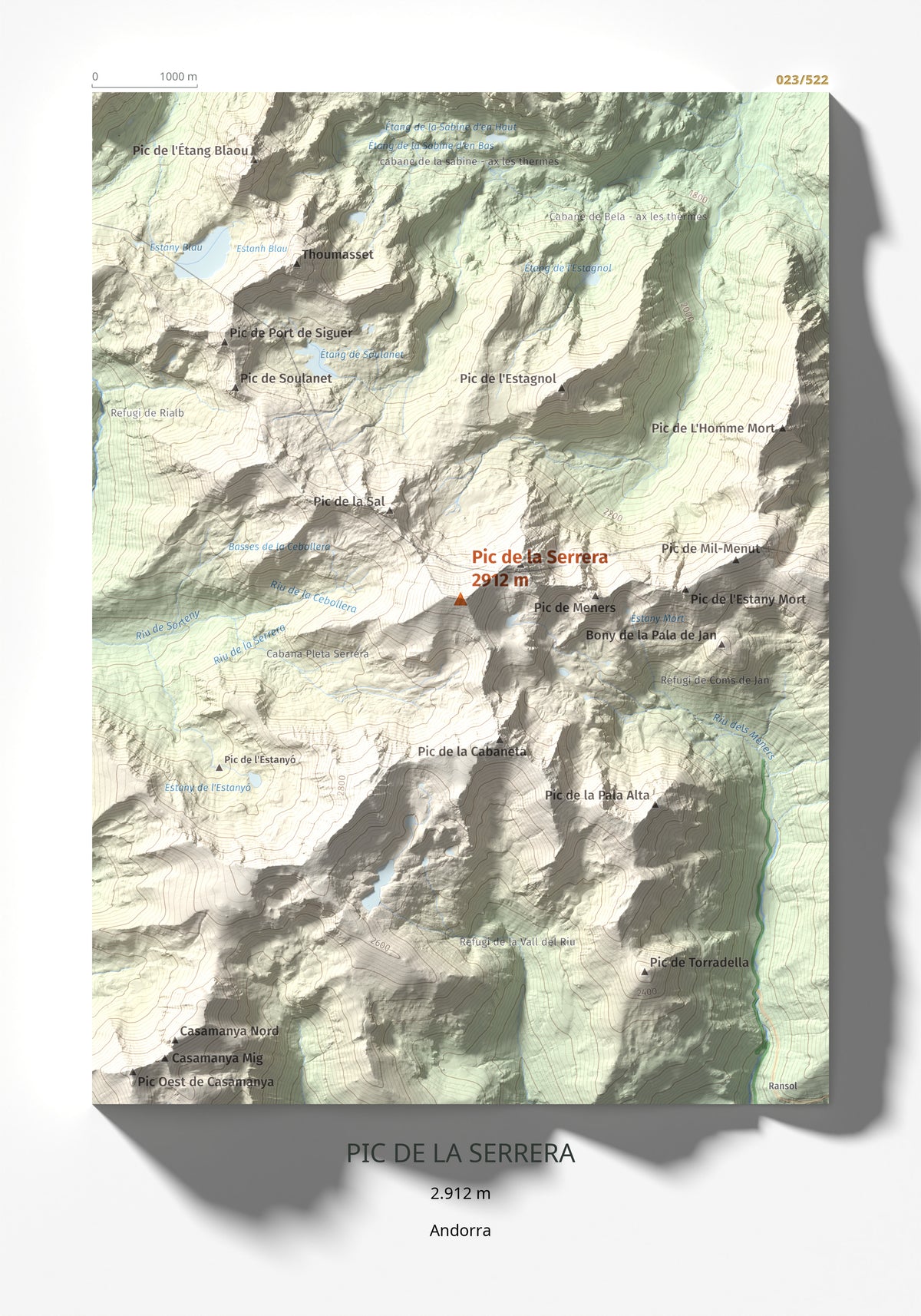 Mapa de relieve de Pic de la Serrera, 2912 m, Andorra, lámina 100 Cims de Trobart 21 × 30 cm.