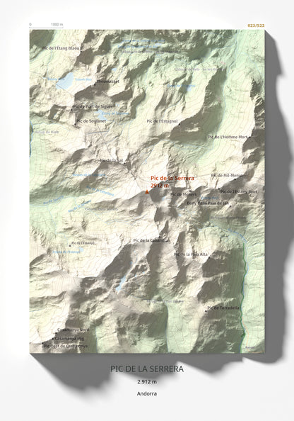Mapa de relieve de Pic de la Serrera, 2912 m, Andorra, lámina 100 Cims de Trobart 21 × 30 cm.