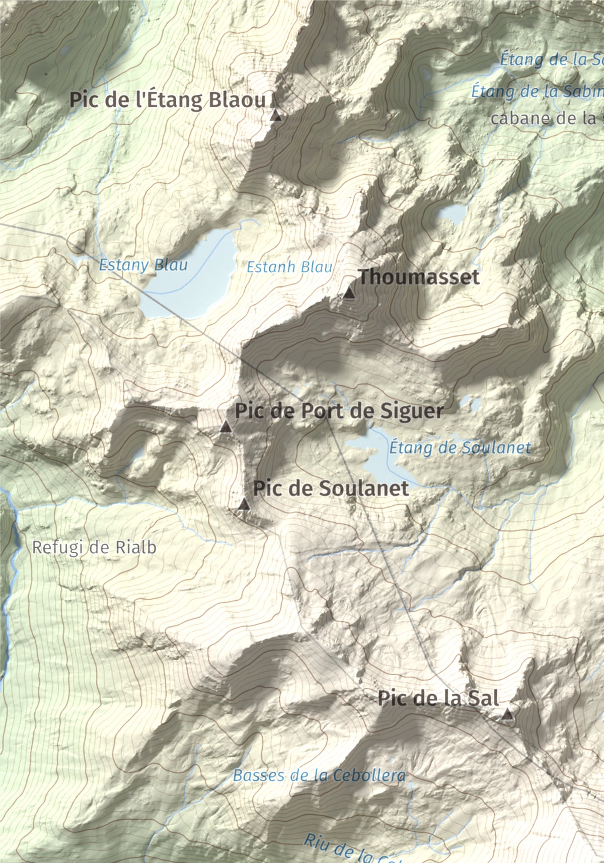 Mapa de relieve de Pic de la Serrera, 2912 m, Andorra, lámina 100 Cims de Trobart. Detalle de la zona superior izquierda. 21 × 30 cm.