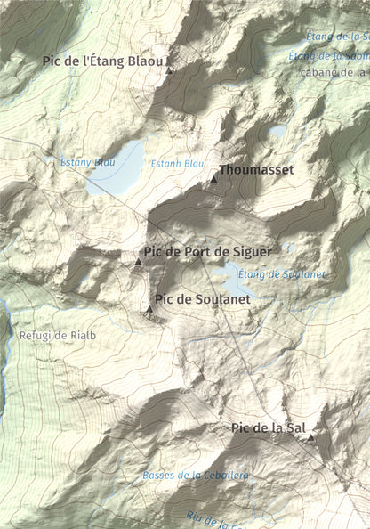 Mapa de relieve de Pic de la Serrera, 2912 m, Andorra, lámina 100 Cims de Trobart. Detalle de la zona superior izquierda. 21 × 30 cm.
