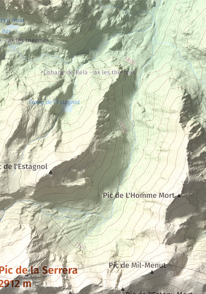 Mapa de relieve de Pic de la Serrera, 2912 m, Andorra, lámina 100 Cims de Trobart. Detalle de la zona superior derecha. 21 × 30 cm.