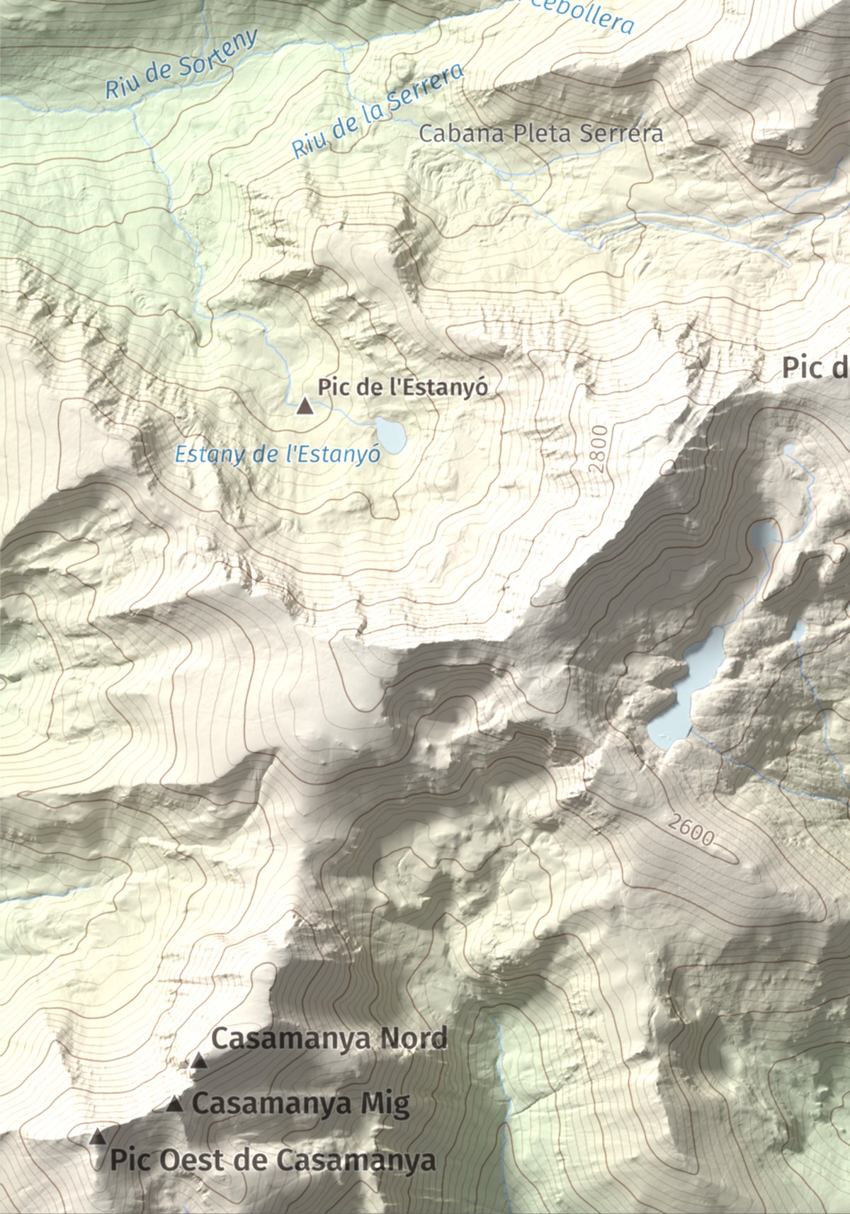 Mapa de relieve de Pic de la Serrera, 2912 m, Andorra, lámina 100 Cims de Trobart. Detalle de la zona inferior izquierda. 21 × 30 cm.