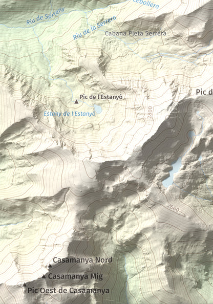 Mapa de relieve de Pic de la Serrera, 2912 m, Andorra, lámina 100 Cims de Trobart. Detalle de la zona inferior izquierda. 21 × 30 cm.