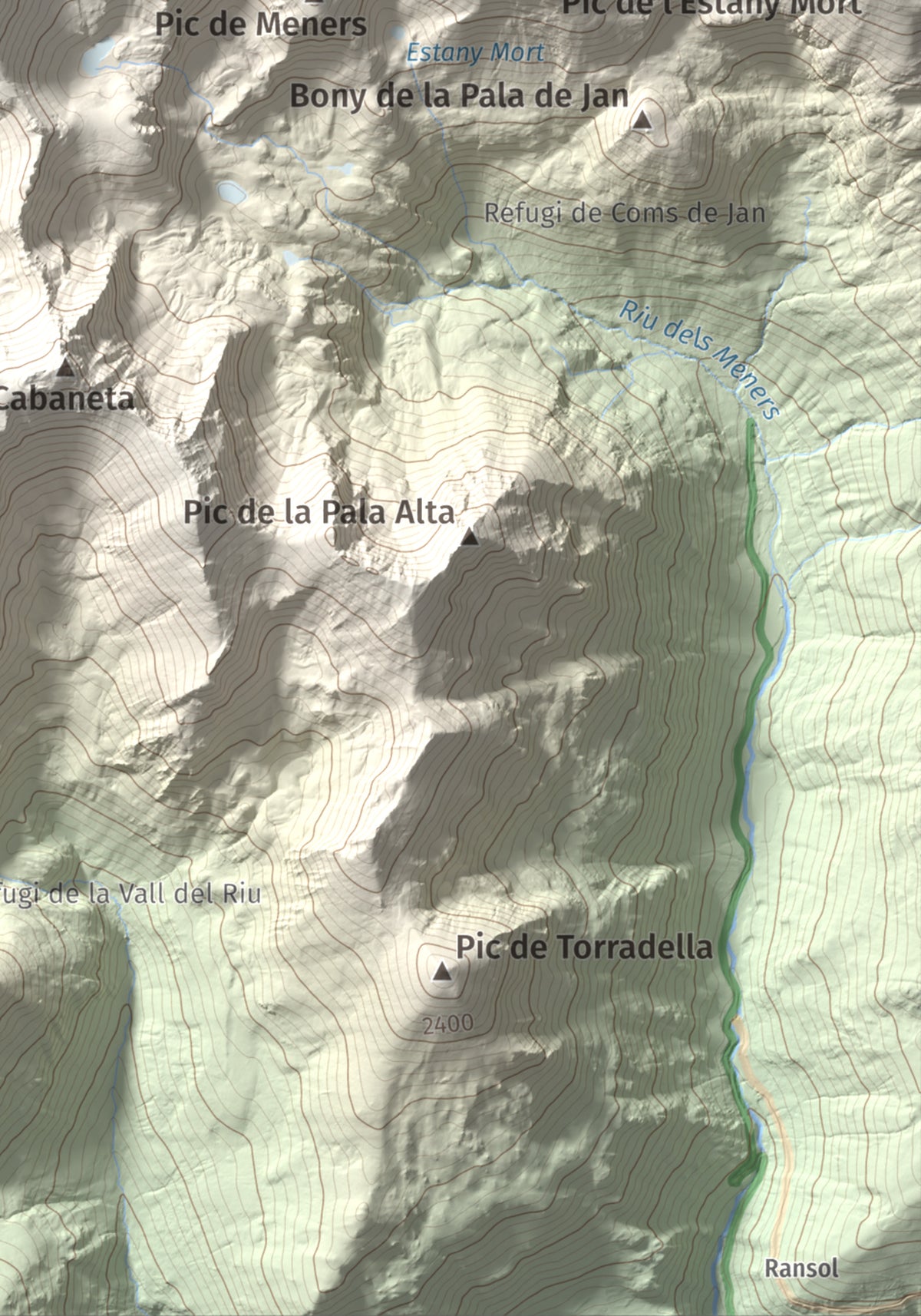 Mapa de relieve de Pic de la Serrera, 2912 m, Andorra, lámina 100 Cims de Trobart. Detalle de la zona inferior derecha. 21 × 30 cm.