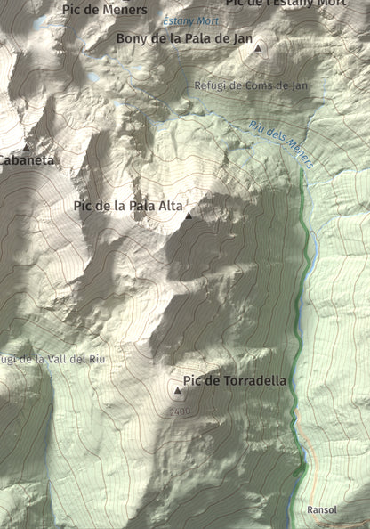 Mapa de relieve de Pic de la Serrera, 2912 m, Andorra, lámina 100 Cims de Trobart. Detalle de la zona inferior derecha. 21 × 30 cm.