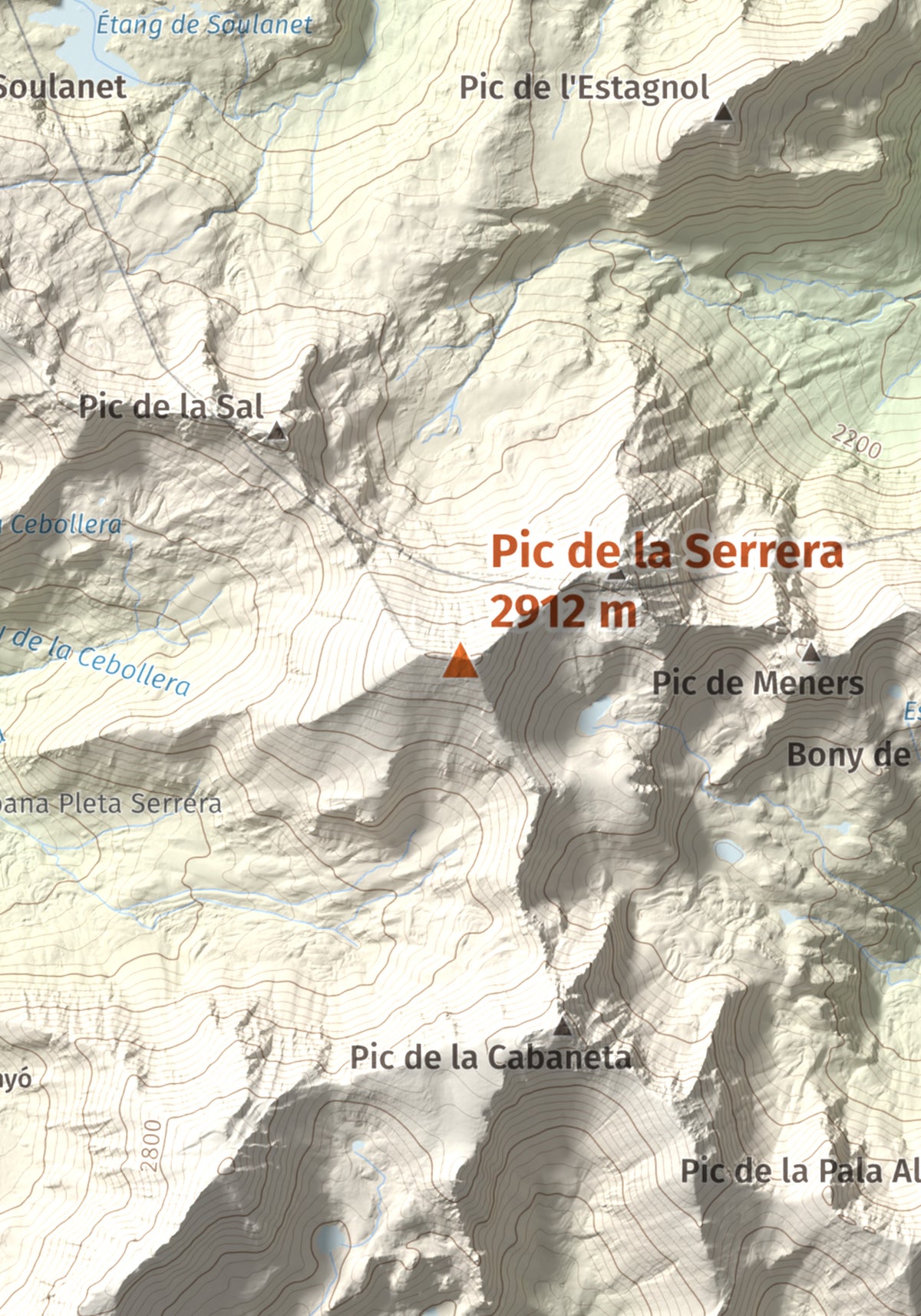 Mapa de relieve de Pic de la Serrera, 2912 m, Andorra, lámina 100 Cims de Trobart. Detalle de la zona central. 21 × 30 cm.