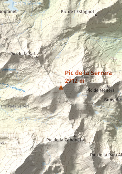 Mapa de relieve de Pic de la Serrera, 2912 m, Andorra, lámina 100 Cims de Trobart. Detalle de la zona central. 21 × 30 cm.