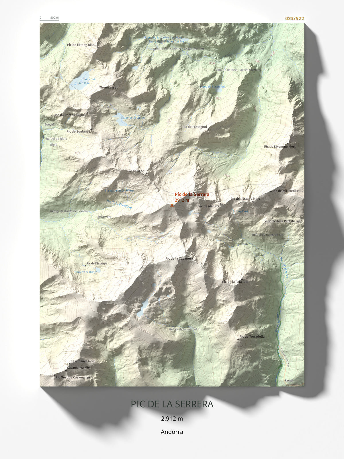 Mapa de relieve de Pic de la Serrera, 2912 m, Andorra, lámina 100 Cims de Trobart 30 × 40 cm.