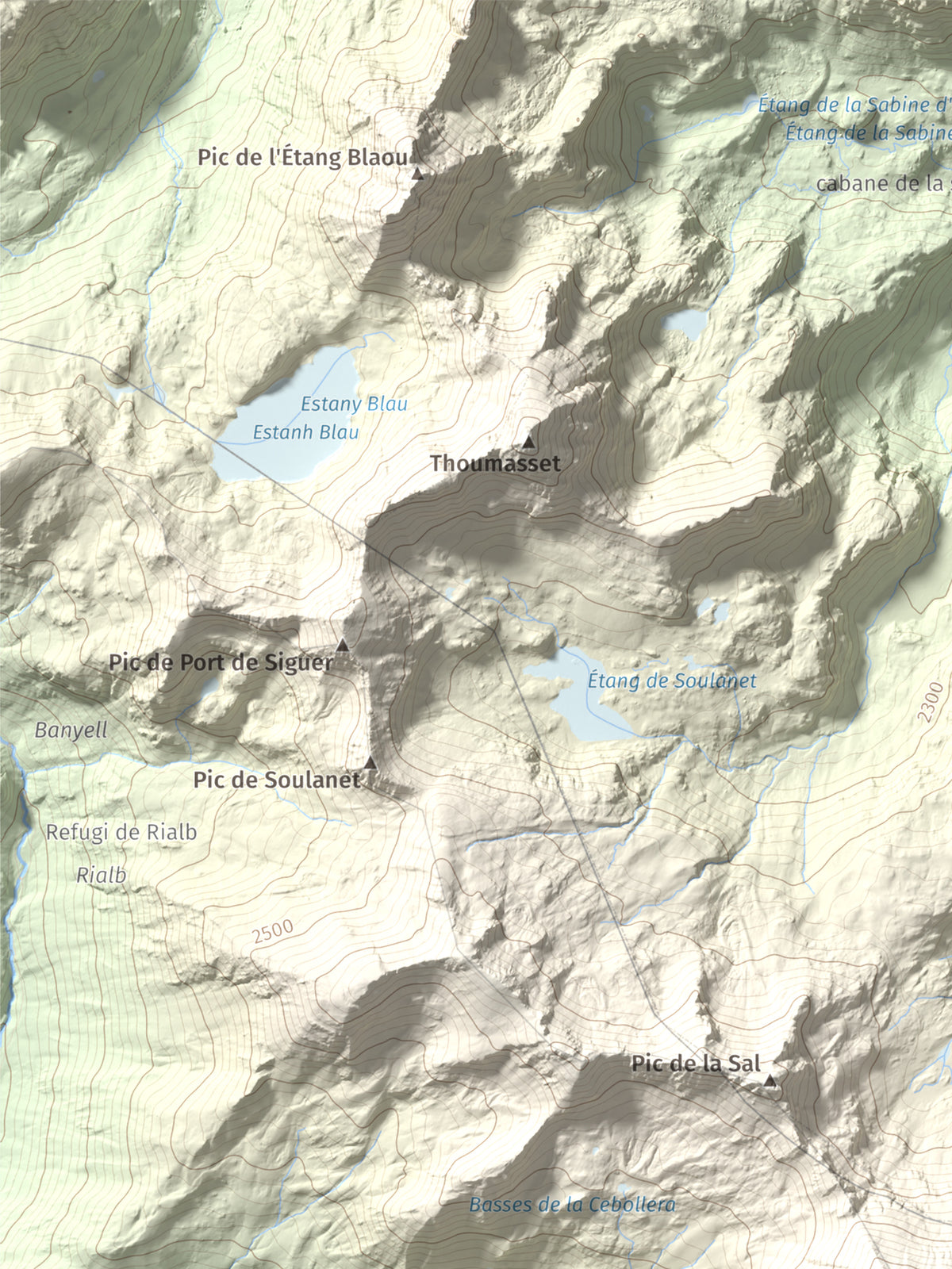 Mapa de relieve de Pic de la Serrera, 2912 m, Andorra, lámina 100 Cims de Trobart. Detalle de la zona superior izquierda. 30 × 40 cm.