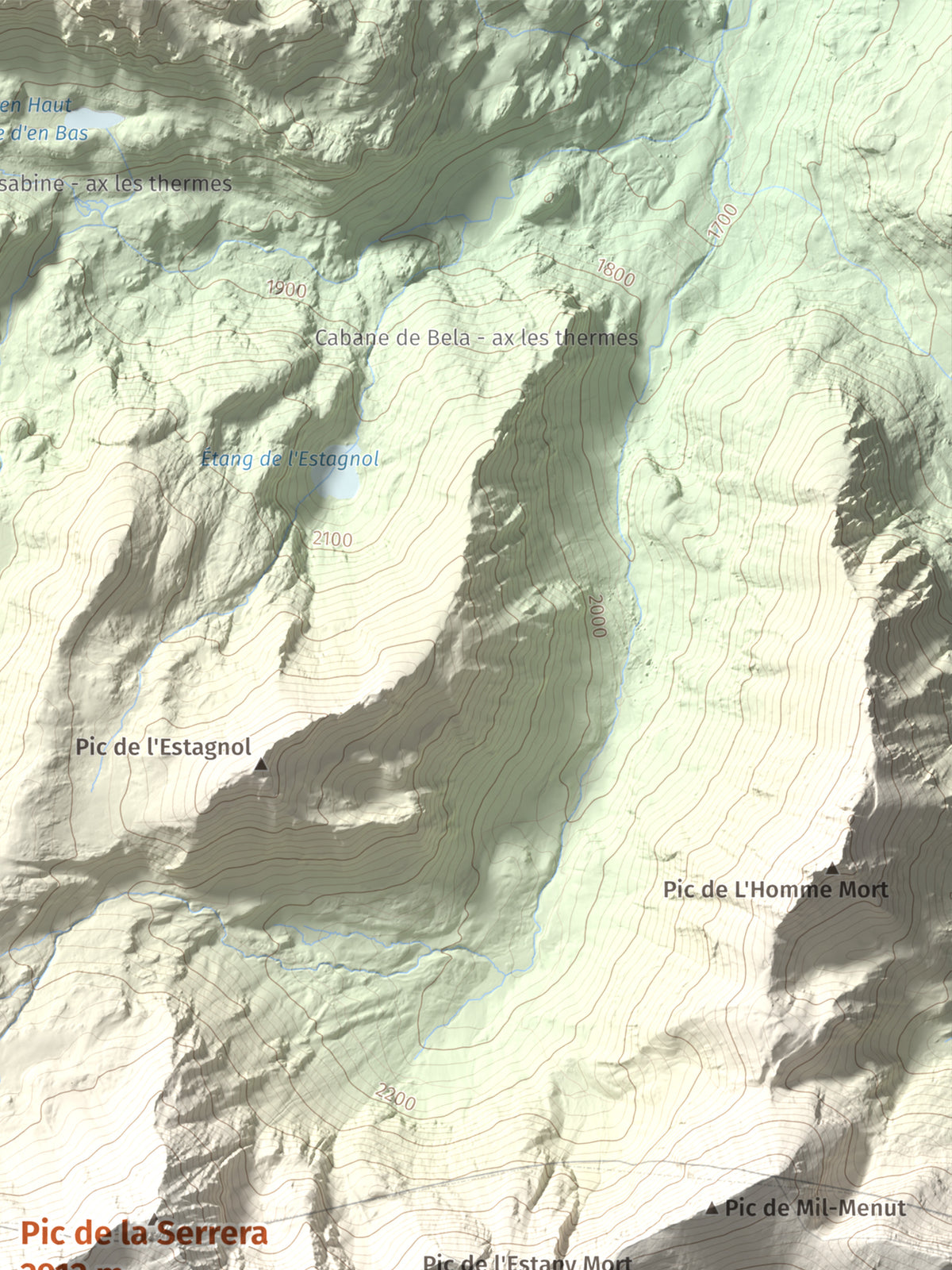 Mapa de relieve de Pic de la Serrera, 2912 m, Andorra, lámina 100 Cims de Trobart. Detalle de la zona superior derecha. 30 × 40 cm.