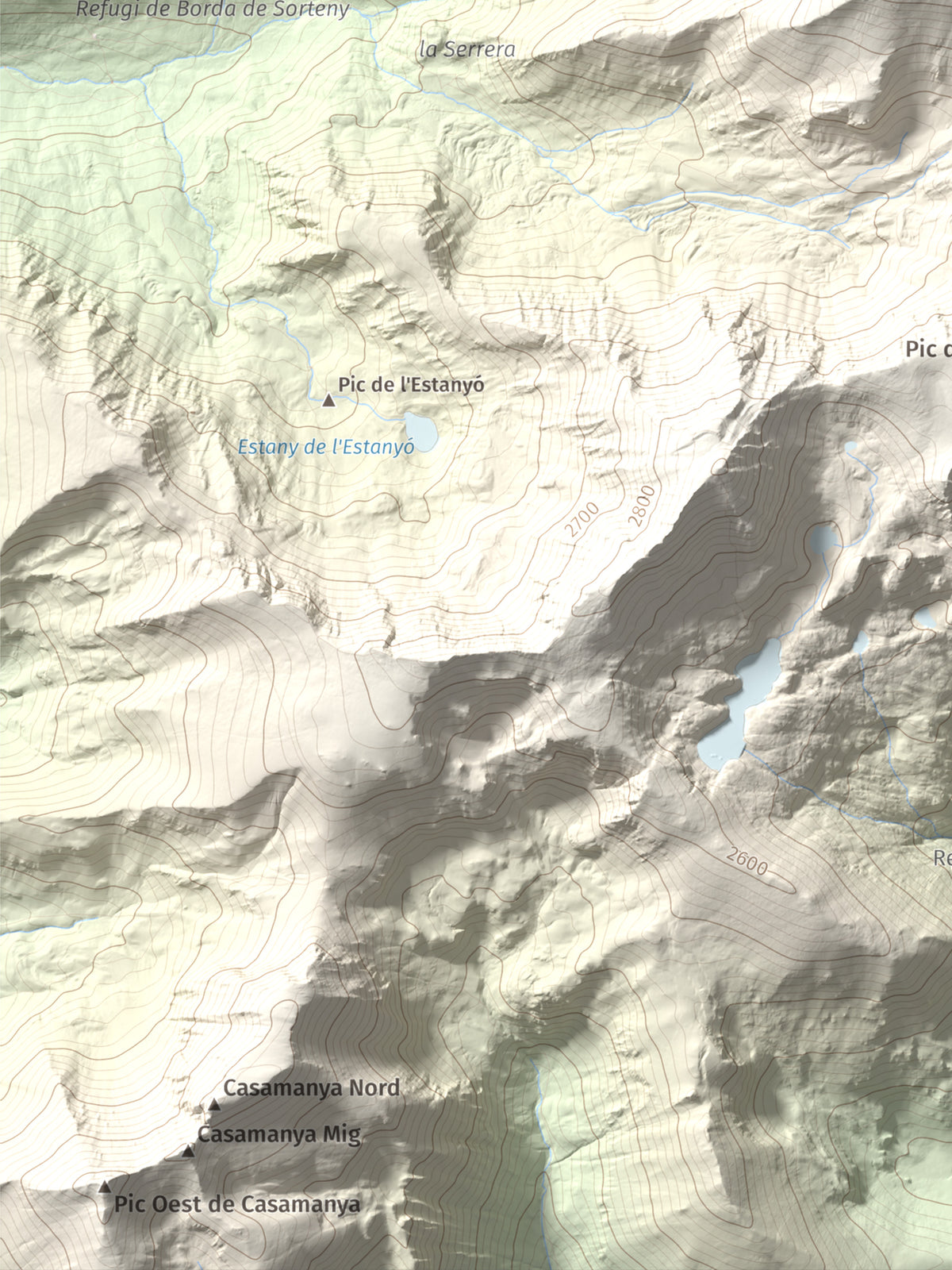 Mapa de relieve de Pic de la Serrera, 2912 m, Andorra, lámina 100 Cims de Trobart. Detalle de la zona inferior izquierda. 30 × 40 cm.