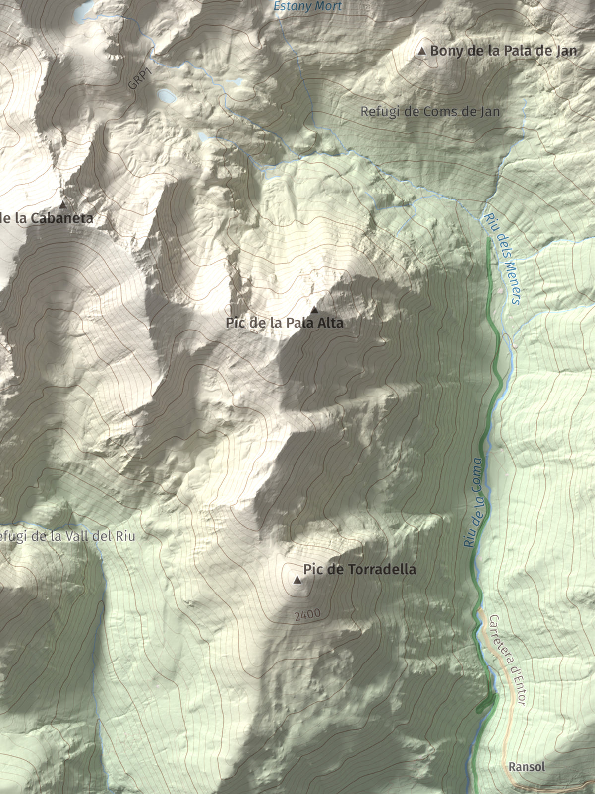Mapa de relieve de Pic de la Serrera, 2912 m, Andorra, lámina 100 Cims de Trobart. Detalle de la zona inferior derecha. 30 × 40 cm.
