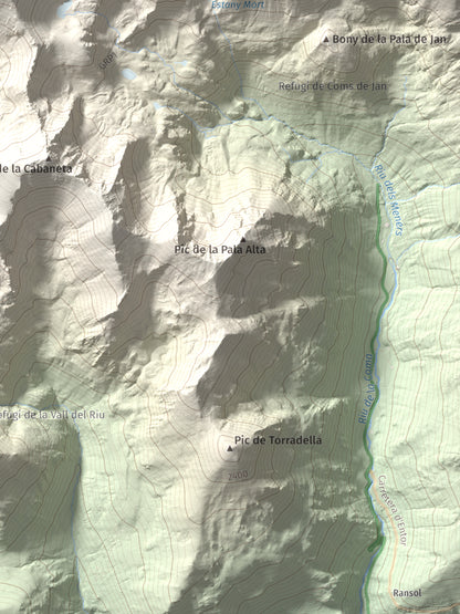 Mapa de relieve de Pic de la Serrera, 2912 m, Andorra, lámina 100 Cims de Trobart. Detalle de la zona inferior derecha. 30 × 40 cm.