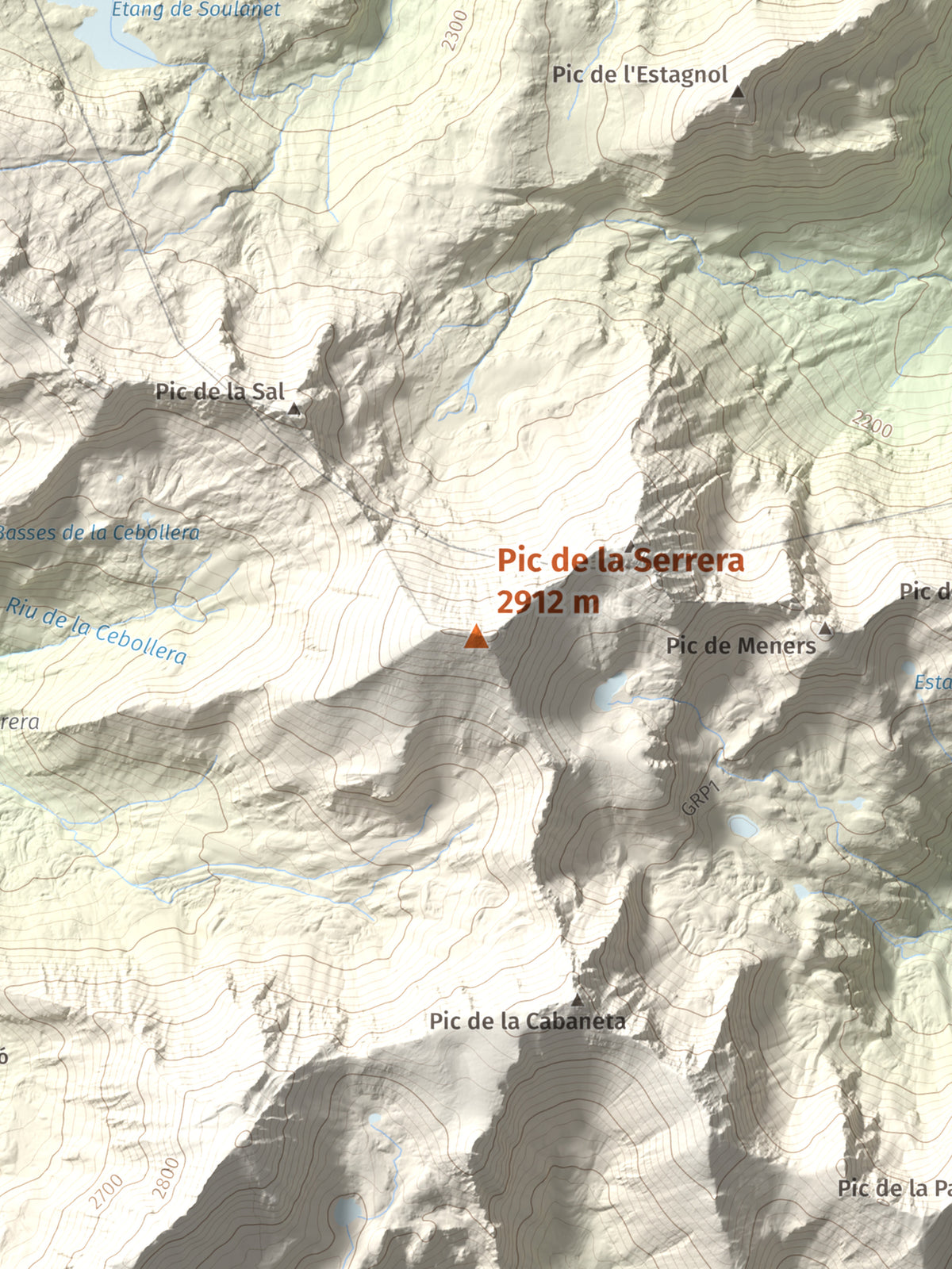 Mapa de relieve de Pic de la Serrera, 2912 m, Andorra, lámina 100 Cims de Trobart. Detalle de la zona central. 30 × 40 cm.