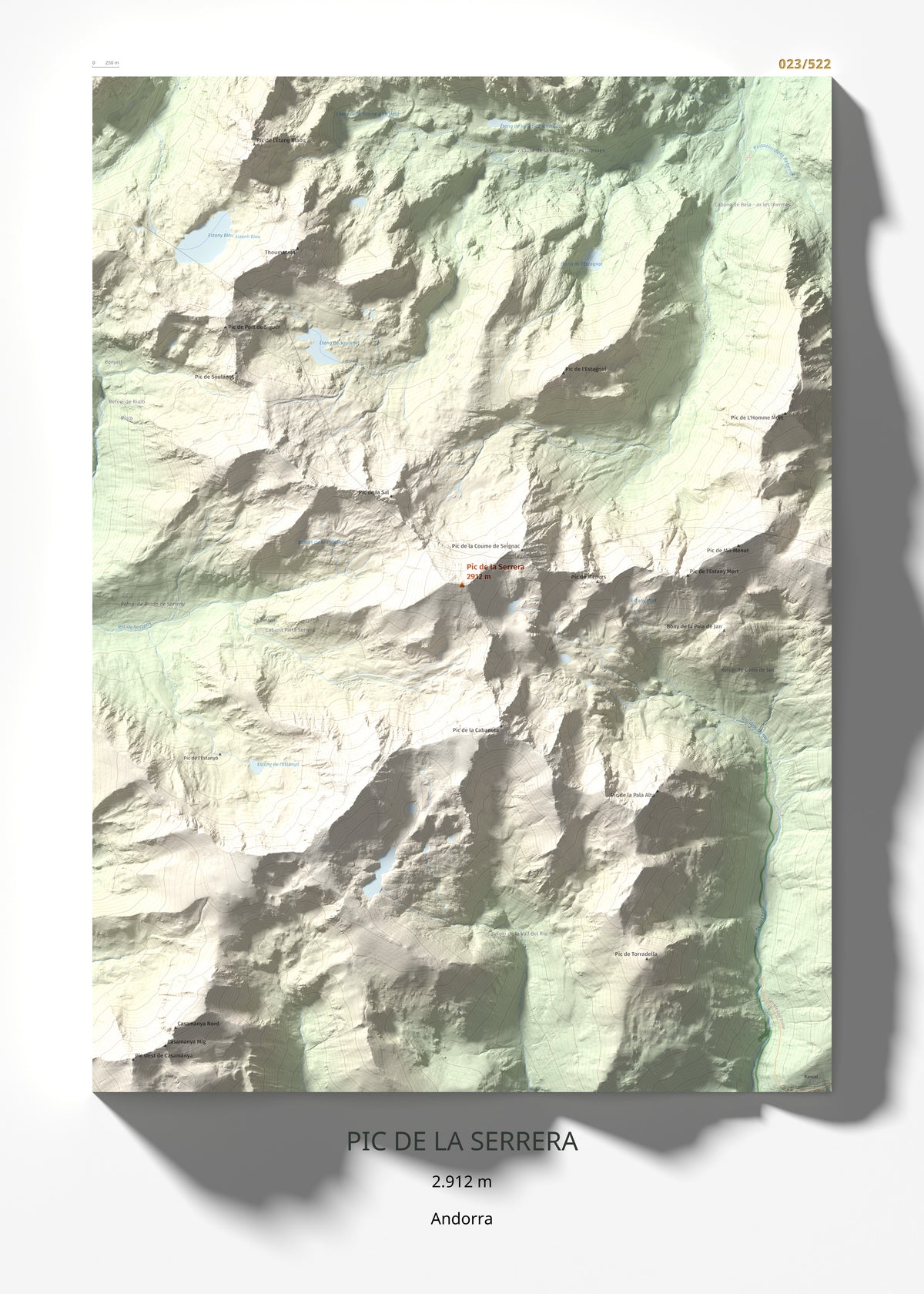 Mapa de relieve de Pic de la Serrera, 2912 m, Andorra, lámina 100 Cims de Trobart 50 × 70 cm.