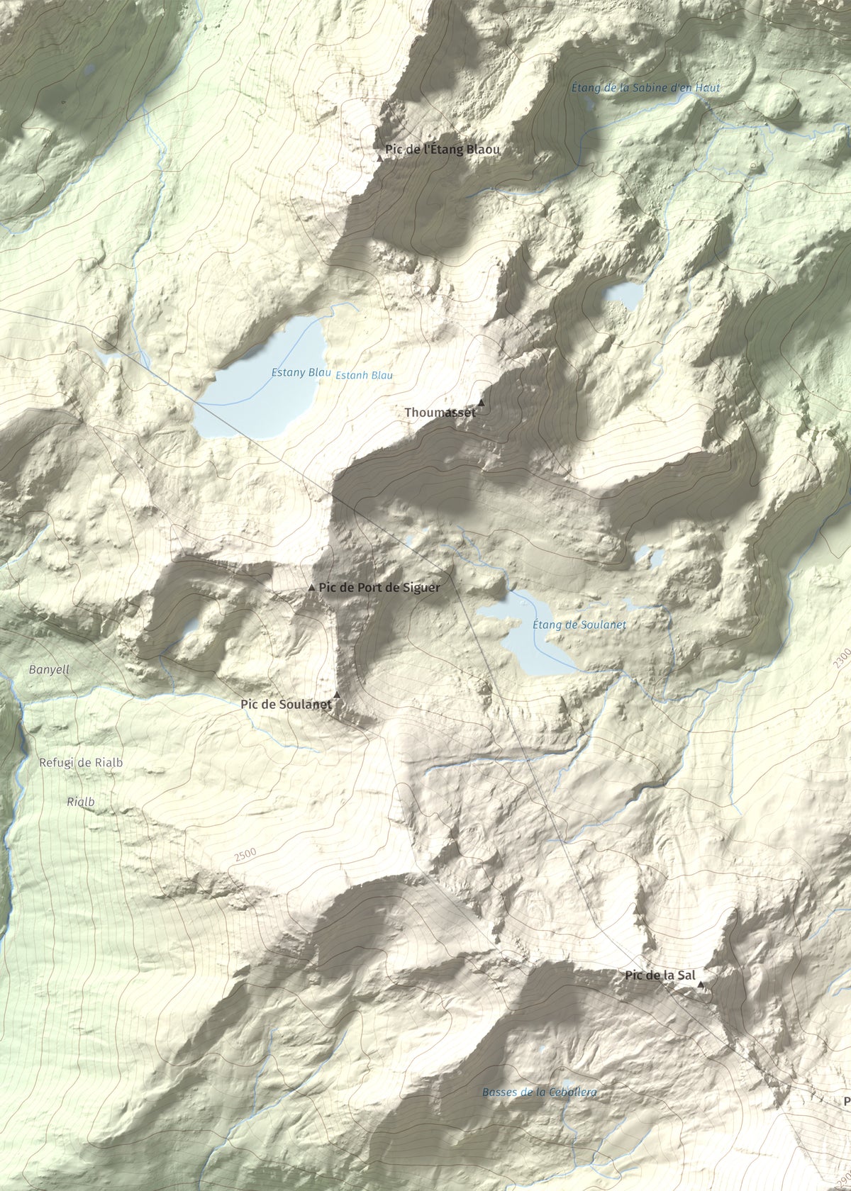 Mapa de relieve de Pic de la Serrera, 2912 m, Andorra, lámina 100 Cims de Trobart. Detalle de la zona superior izquierda. 50 × 70 cm.