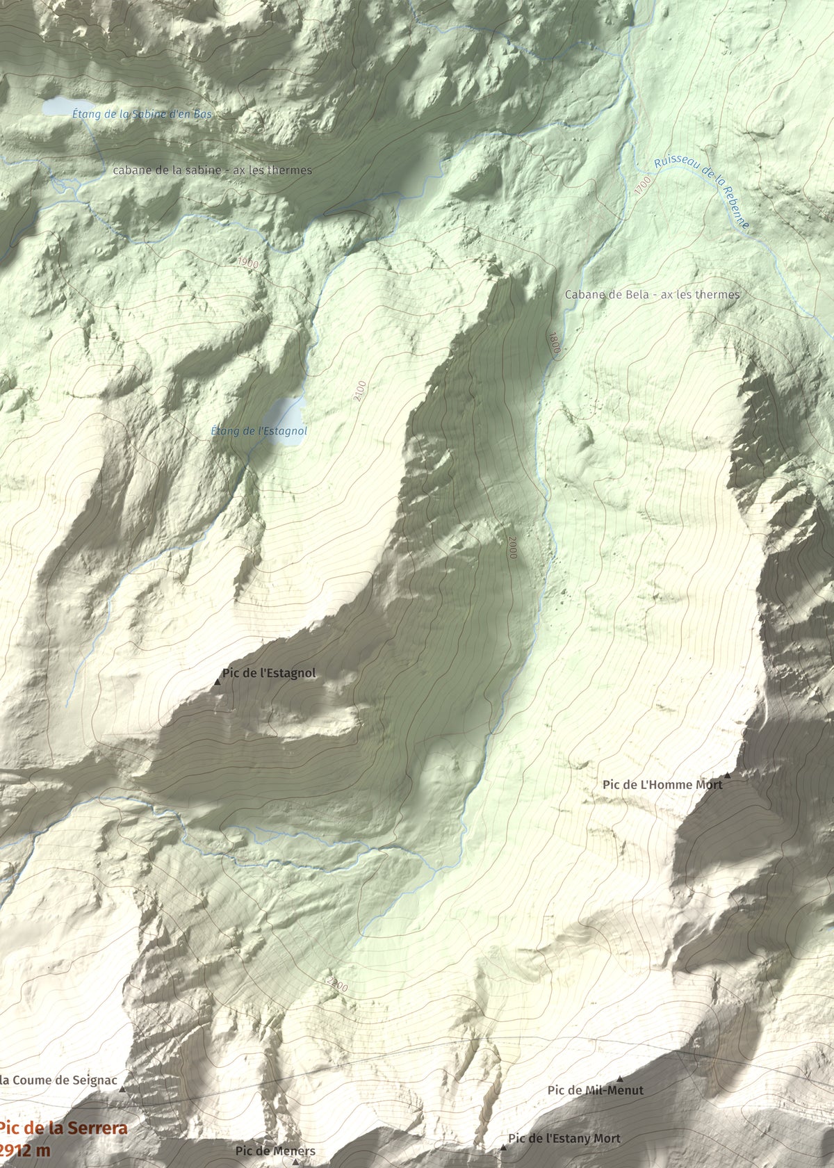 Mapa de relieve de Pic de la Serrera, 2912 m, Andorra, lámina 100 Cims de Trobart. Detalle de la zona superior derecha. 50 × 70 cm.