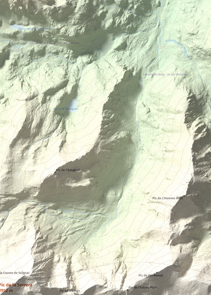 Mapa de relieve de Pic de la Serrera, 2912 m, Andorra, lámina 100 Cims de Trobart. Detalle de la zona superior derecha. 50 × 70 cm.