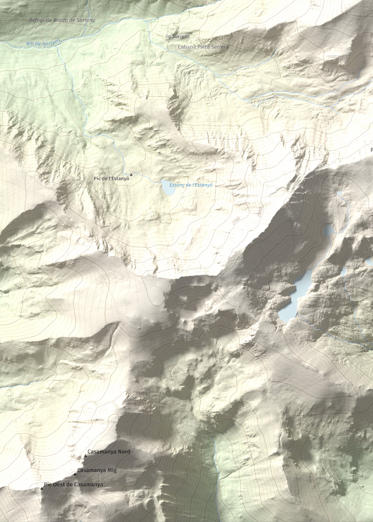 Mapa de relieve de Pic de la Serrera, 2912 m, Andorra, lámina 100 Cims de Trobart. Detalle de la zona inferior izquierda. 50 × 70 cm.