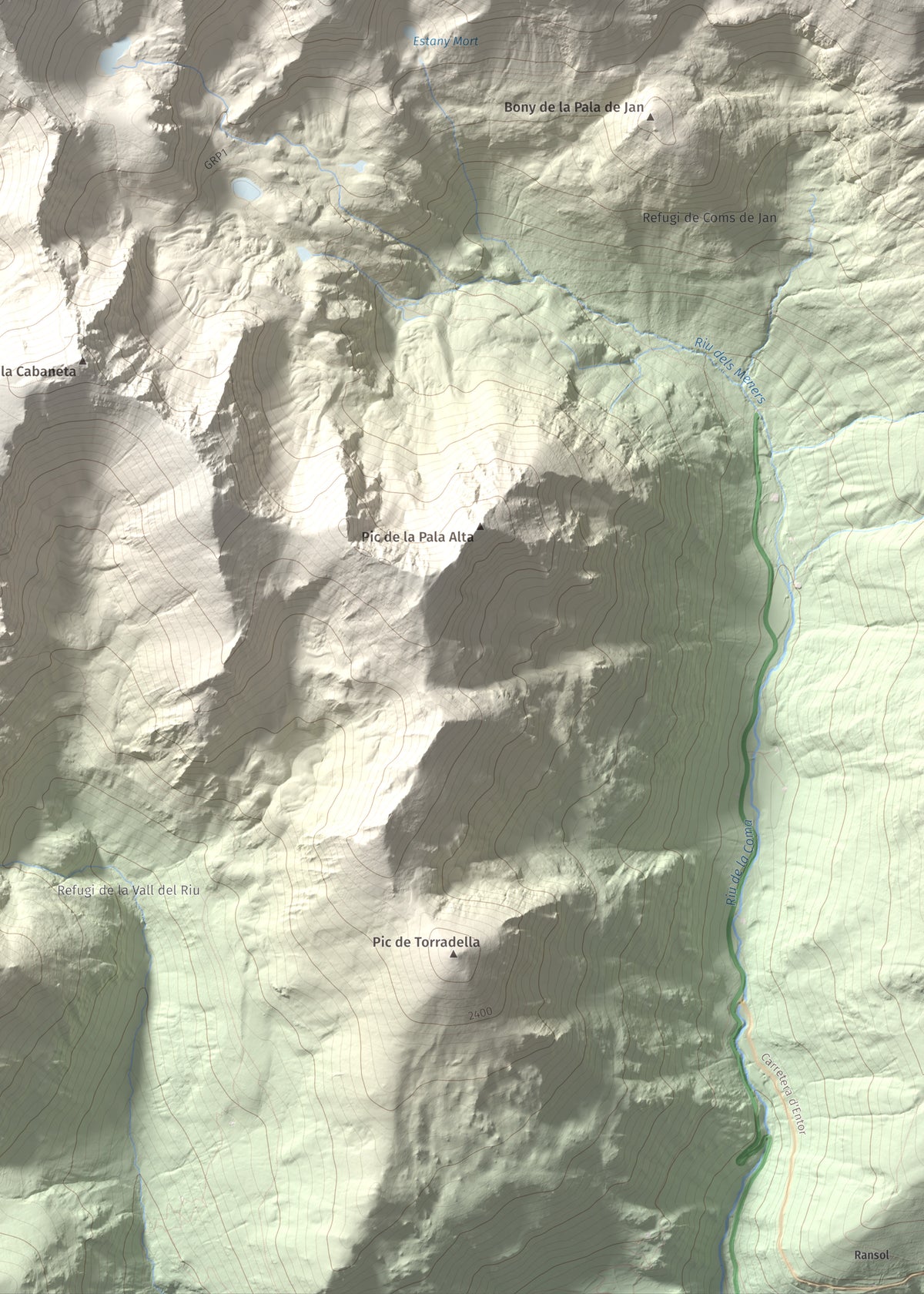 Mapa de relieve de Pic de la Serrera, 2912 m, Andorra, lámina 100 Cims de Trobart. Detalle de la zona inferior derecha. 50 × 70 cm.