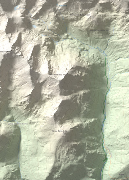 Mapa de relieve de Pic de la Serrera, 2912 m, Andorra, lámina 100 Cims de Trobart. Detalle de la zona inferior derecha. 50 × 70 cm.