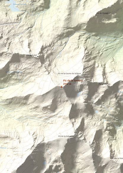 Mapa de relieve de Pic de la Serrera, 2912 m, Andorra, lámina 100 Cims de Trobart. Detalle de la zona central. 50 × 70 cm.