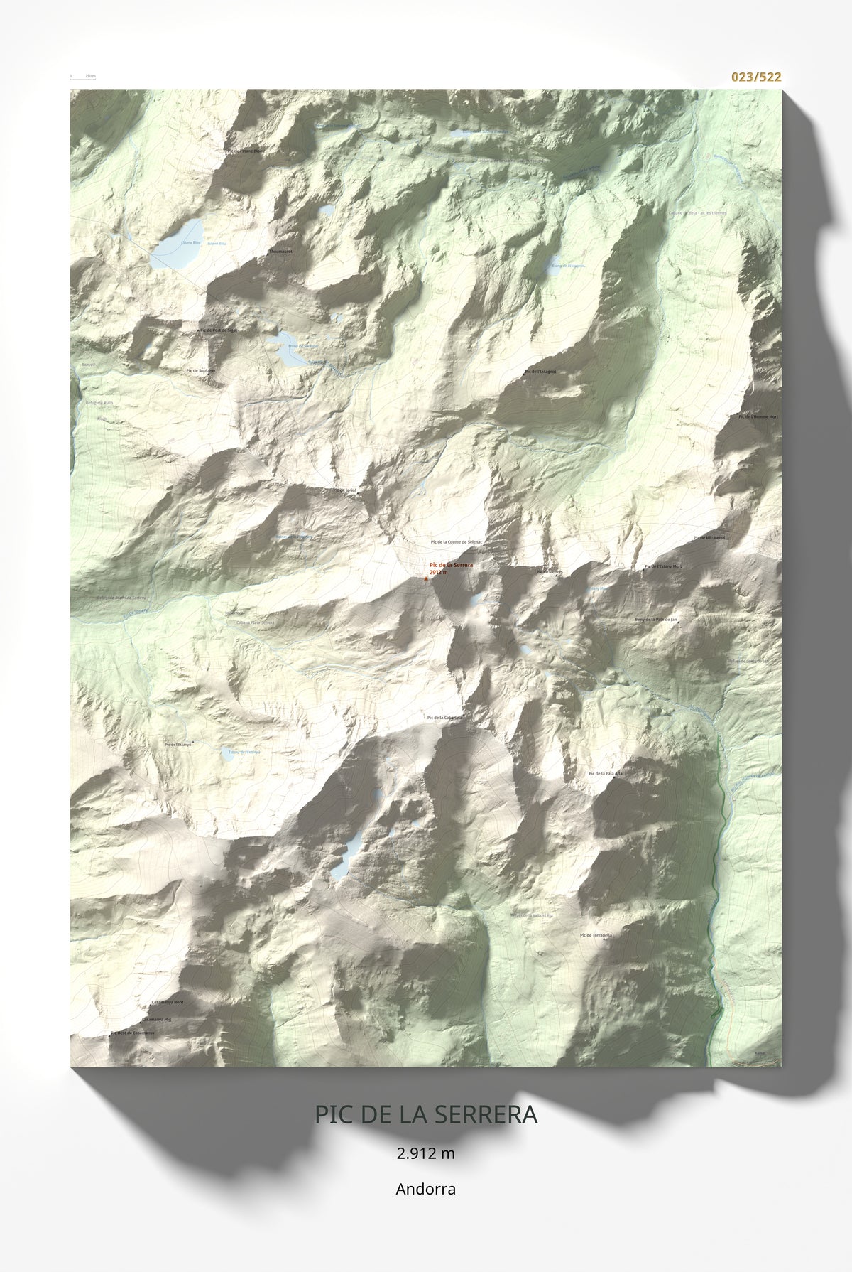Mapa de relieve de Pic de la Serrera, 2912 m, Andorra, lámina 100 Cims de Trobart 61 × 91 cm.