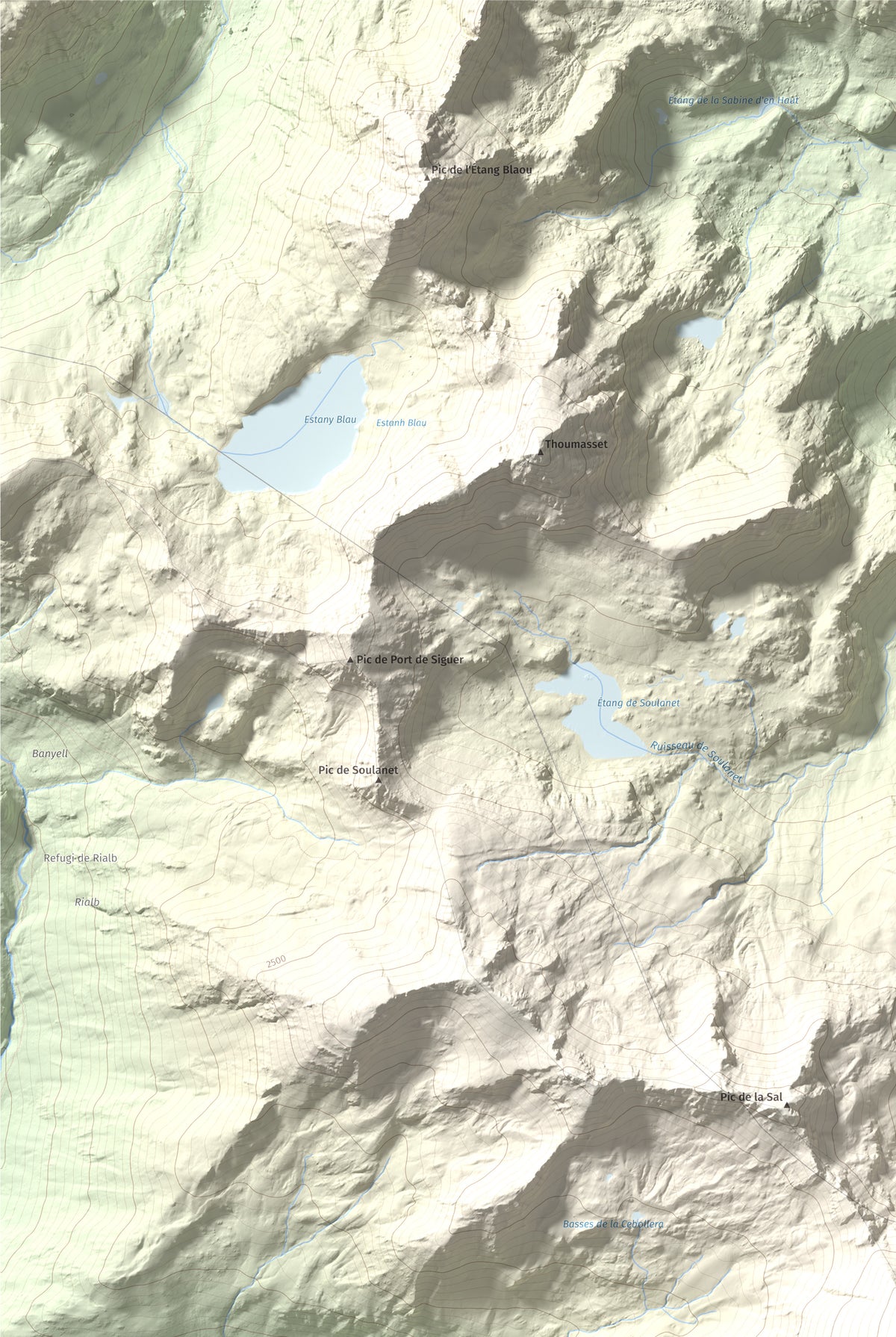 Mapa de relieve de Pic de la Serrera, 2912 m, Andorra, lámina 100 Cims de Trobart. Detalle de la zona superior izquierda. 61 × 91 cm.