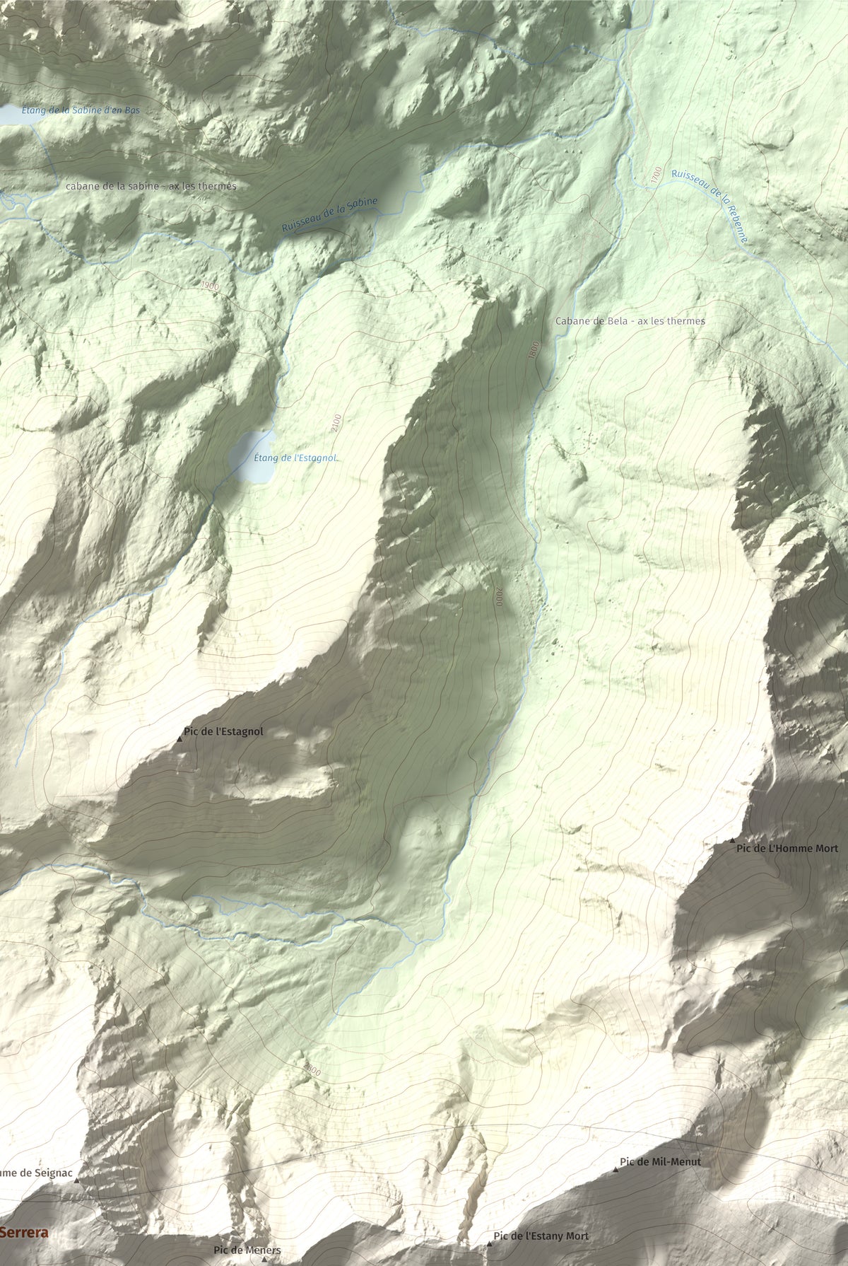 Mapa de relieve de Pic de la Serrera, 2912 m, Andorra, lámina 100 Cims de Trobart. Detalle de la zona superior derecha. 61 × 91 cm.