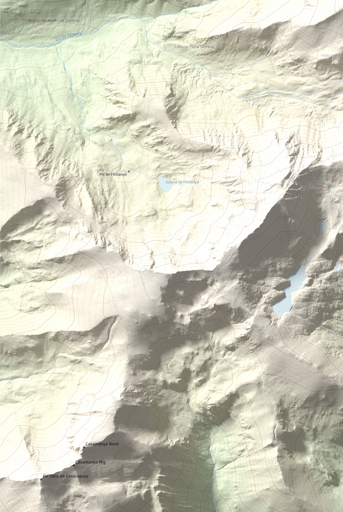 Mapa de relieve de Pic de la Serrera, 2912 m, Andorra, lámina 100 Cims de Trobart. Detalle de la zona inferior izquierda. 61 × 91 cm.