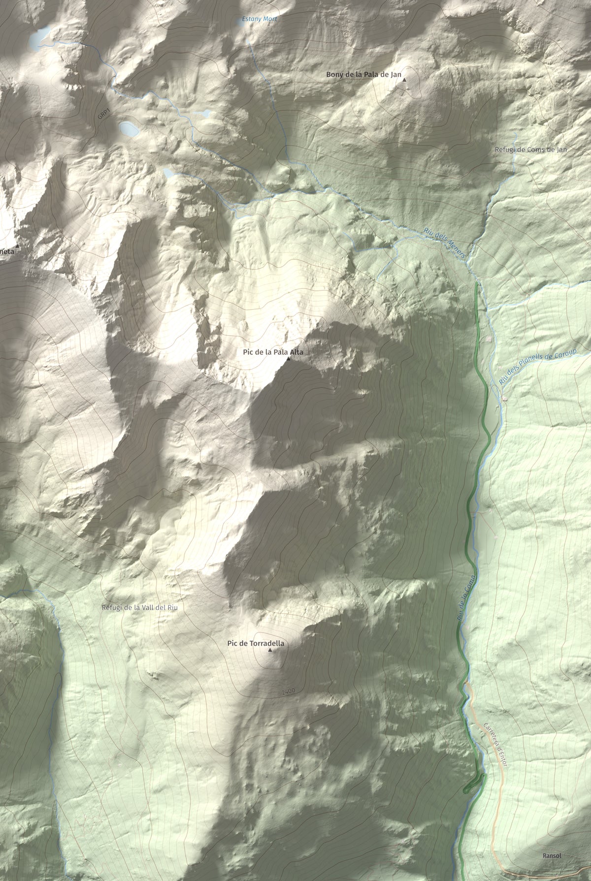 Mapa de relieve de Pic de la Serrera, 2912 m, Andorra, lámina 100 Cims de Trobart. Detalle de la zona inferior derecha. 61 × 91 cm.