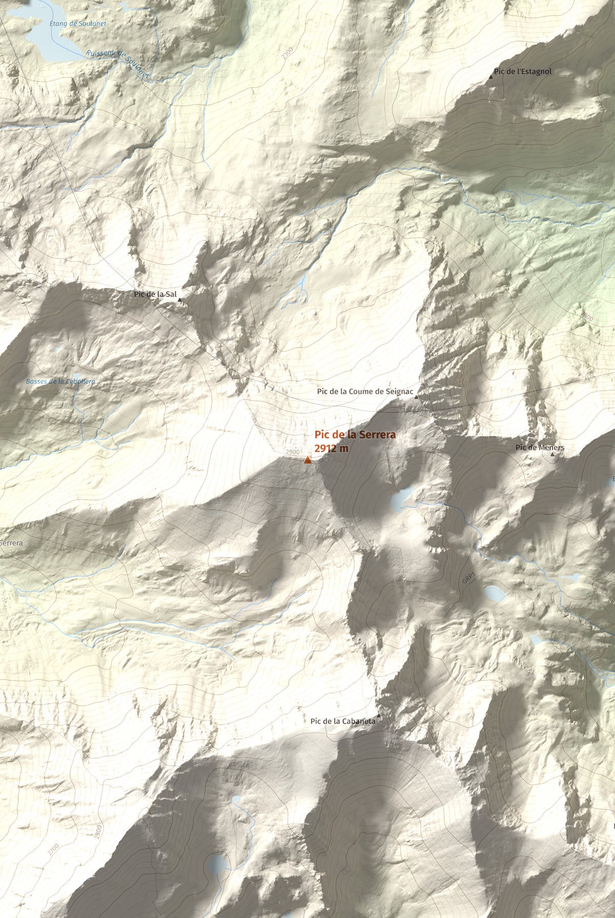 Mapa de relieve de Pic de la Serrera, 2912 m, Andorra, lámina 100 Cims de Trobart. Detalle de la zona central. 61 × 91 cm.