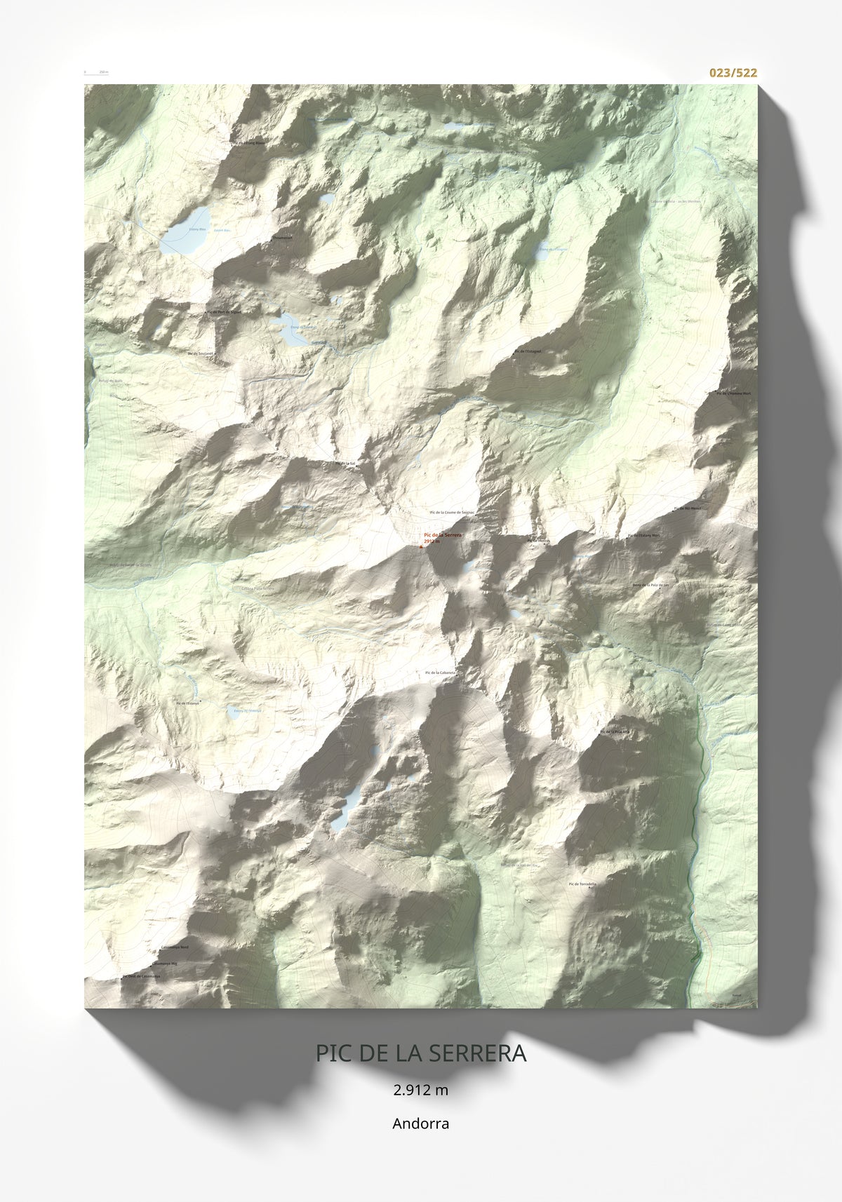 Mapa de relieve de Pic de la Serrera, 2912 m, Andorra, lámina 100 Cims de Trobart 70 × 100 cm.