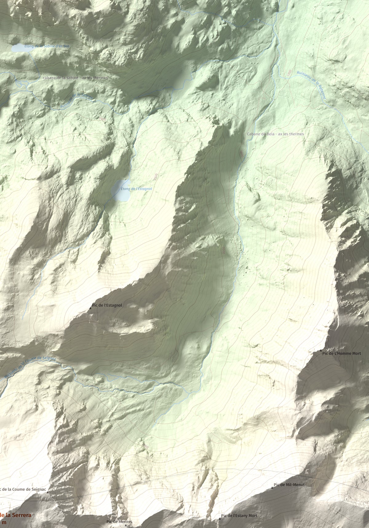 Mapa de relieve de Pic de la Serrera, 2912 m, Andorra, lámina 100 Cims de Trobart. Detalle de la zona superior derecha. 70 × 100 cm.