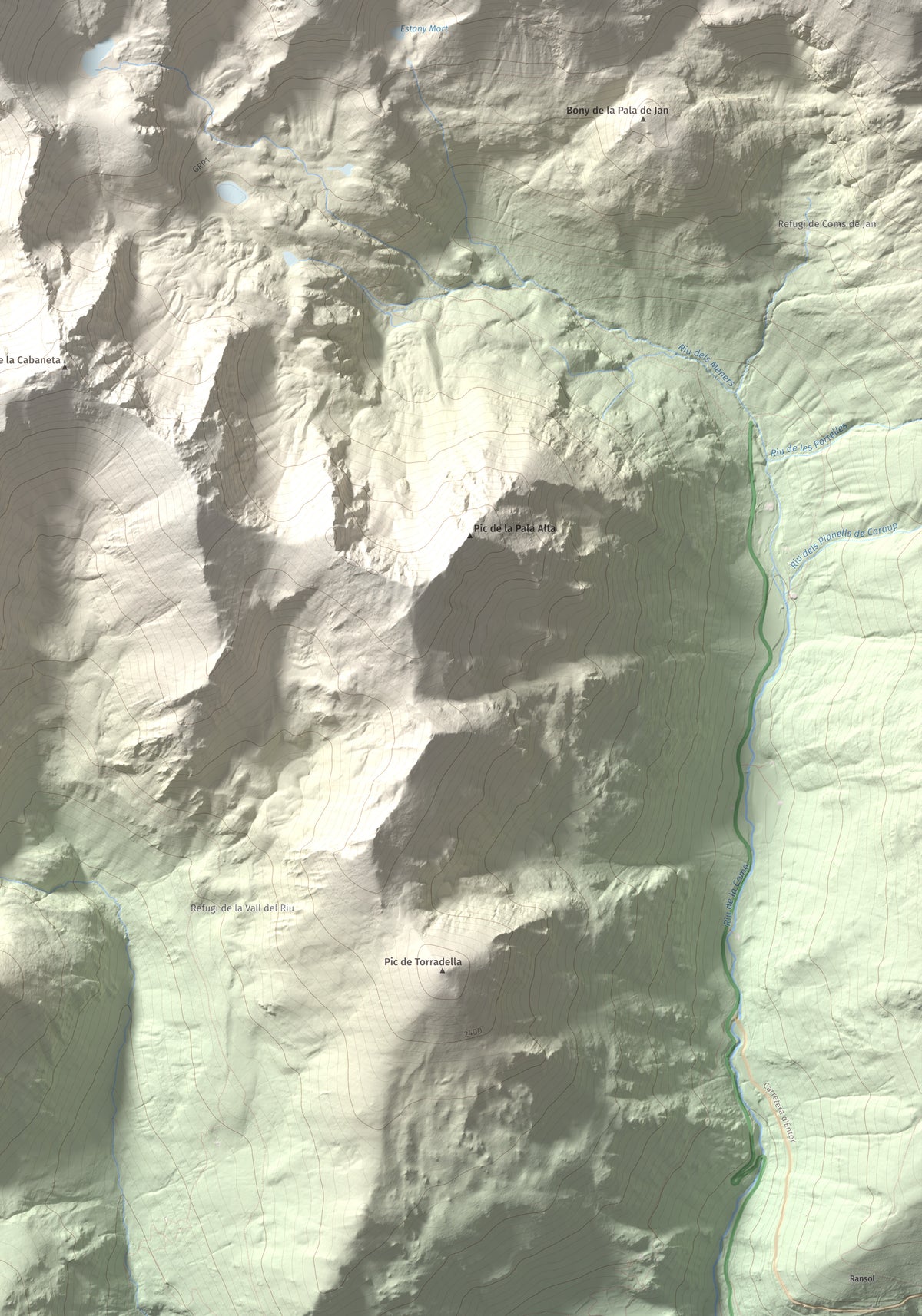 Mapa de relieve de Pic de la Serrera, 2912 m, Andorra, lámina 100 Cims de Trobart. Detalle de la zona inferior derecha. 70 × 100 cm.