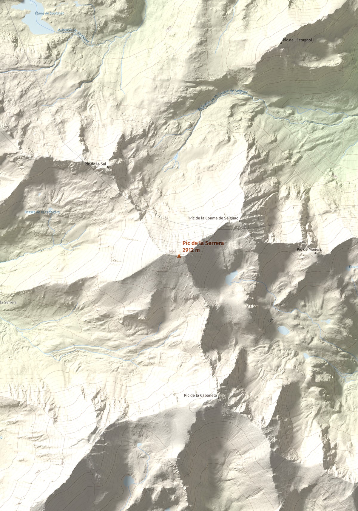 Mapa de relieve de Pic de la Serrera, 2912 m, Andorra, lámina 100 Cims de Trobart. Detalle de la zona central. 70 × 100 cm.