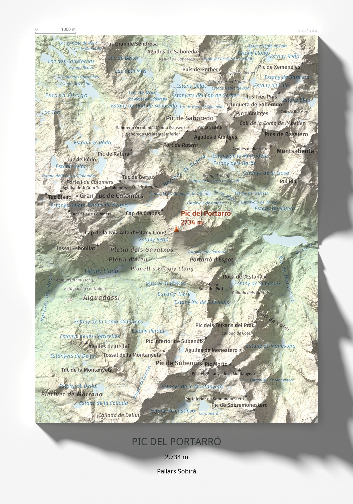 Mapa de relieve de Pic del Portarró, 2734 m, Pallars Sobirà, lámina 100 Cims de Trobart 21 × 30 cm.