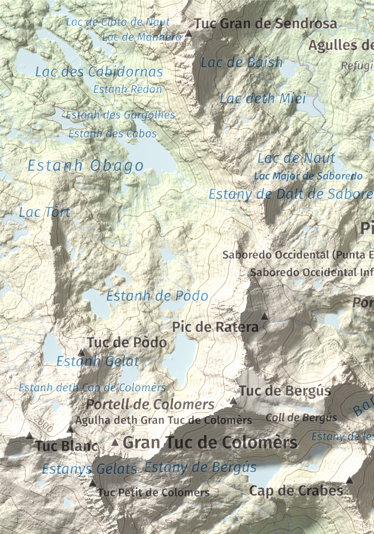 Mapa de relieve de Pic del Portarró, 2734 m, Pallars Sobirà, lámina 100 Cims de Trobart. Detalle de la zona superior izquierda. 21 × 30 cm.