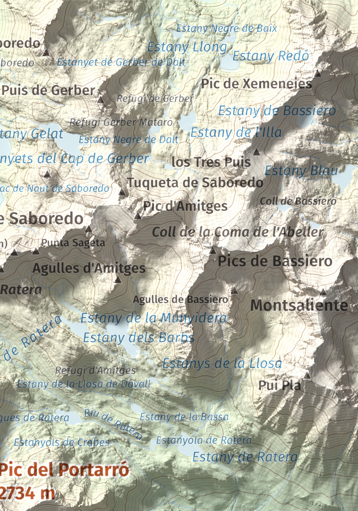 Mapa de relieve de Pic del Portarró, 2734 m, Pallars Sobirà, lámina 100 Cims de Trobart. Detalle de la zona superior derecha. 21 × 30 cm.