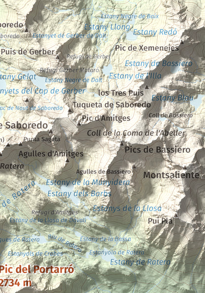 Mapa de relieve de Pic del Portarró, 2734 m, Pallars Sobirà, lámina 100 Cims de Trobart. Detalle de la zona superior derecha. 21 × 30 cm.