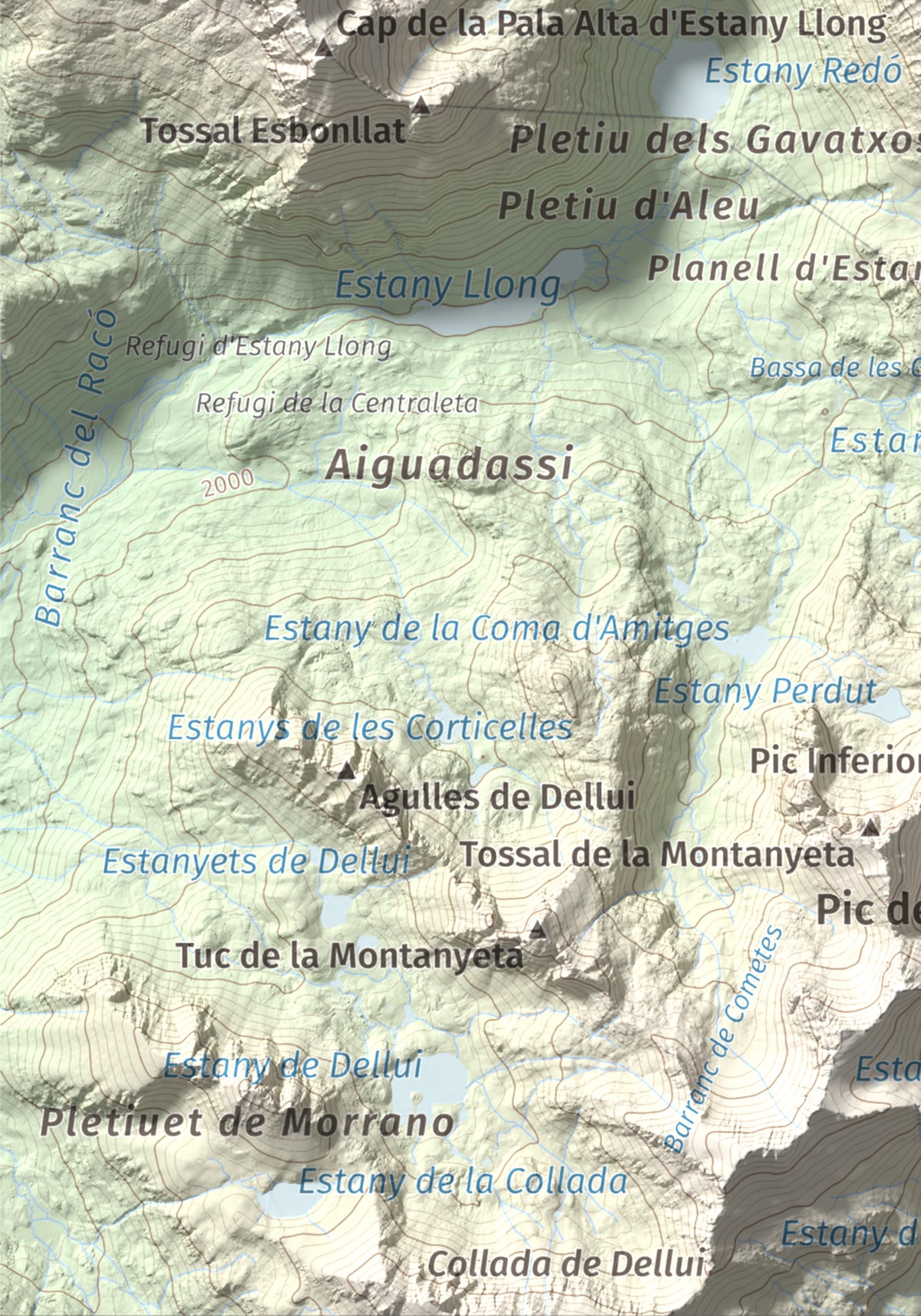 Mapa de relieve de Pic del Portarró, 2734 m, Pallars Sobirà, lámina 100 Cims de Trobart. Detalle de la zona inferior izquierda. 21 × 30 cm.