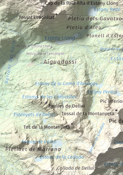 Mapa de relieve de Pic del Portarró, 2734 m, Pallars Sobirà, lámina 100 Cims de Trobart. Detalle de la zona inferior izquierda. 21 × 30 cm.