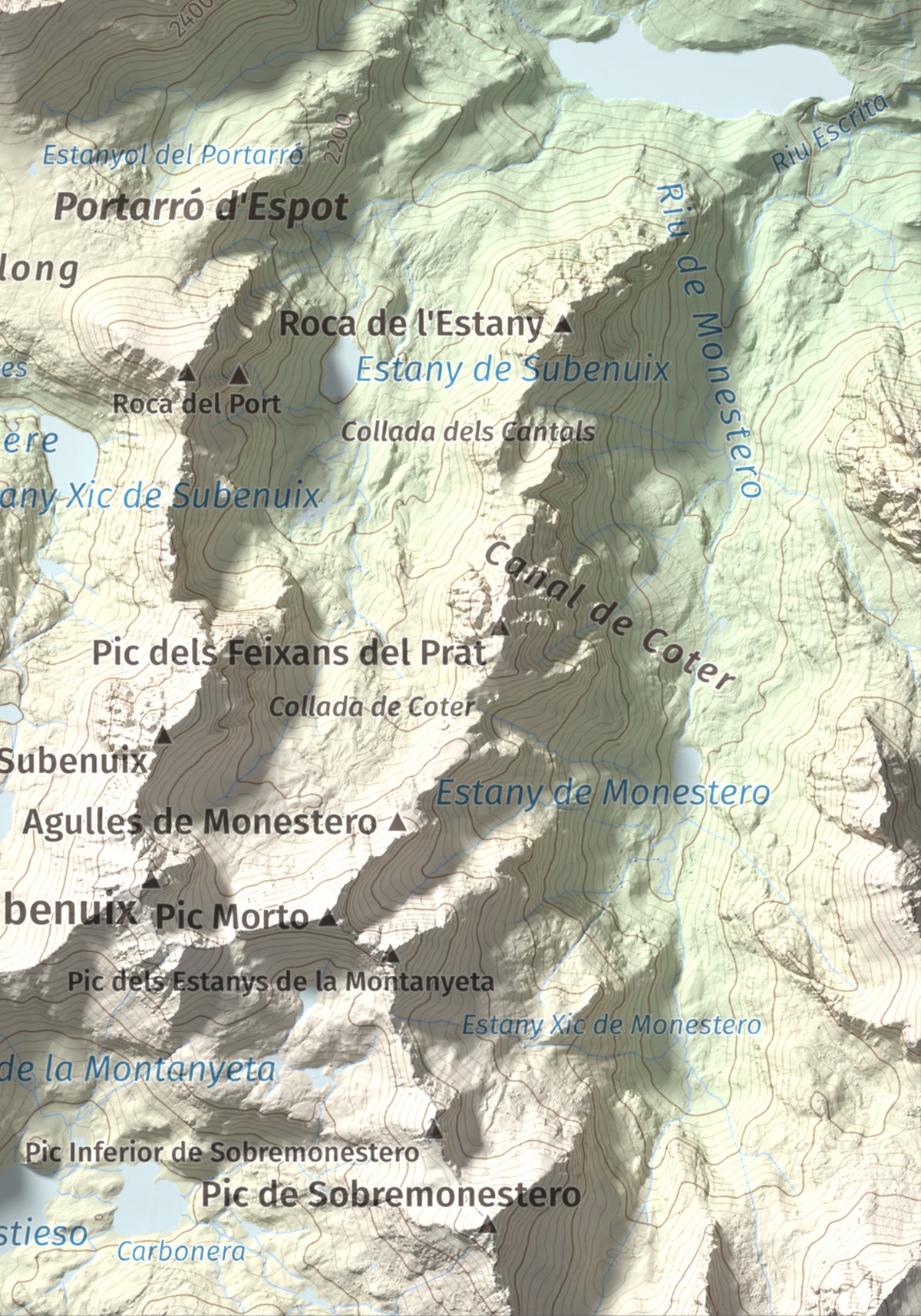 Mapa de relieve de Pic del Portarró, 2734 m, Pallars Sobirà, lámina 100 Cims de Trobart. Detalle de la zona inferior derecha. 21 × 30 cm.